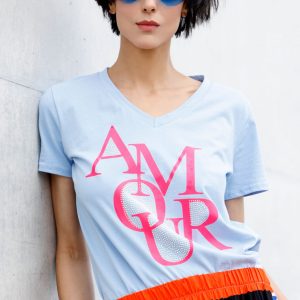 T-Shirt Amour Strass – hellblau / neon-pink