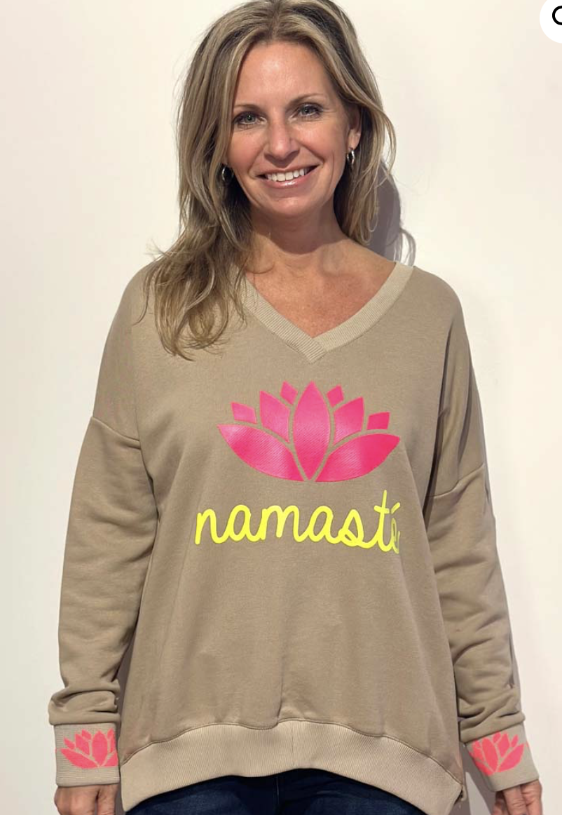Sweater Namasté V-Neck – sand / pink / neon-gelb