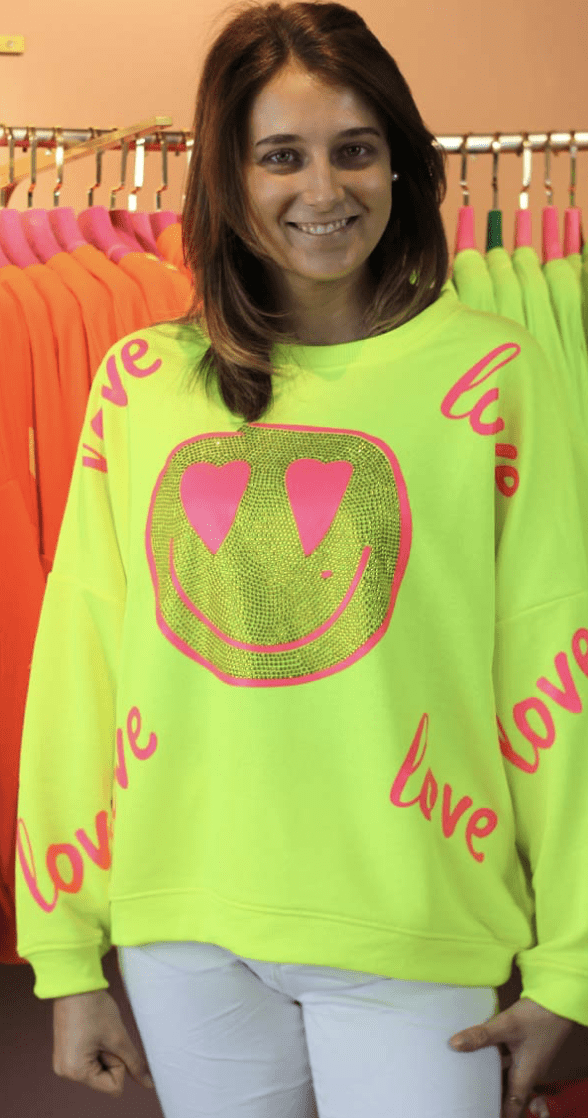 Roundneck Love Heartface neongelb - neonpink
